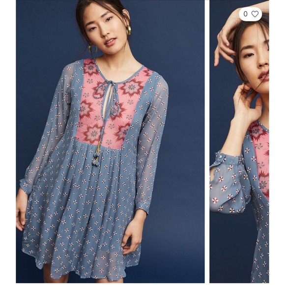 Anthropologie Tops - Anthropologie Kopal Rutika Peasant Dress Pink & Blue Size Large